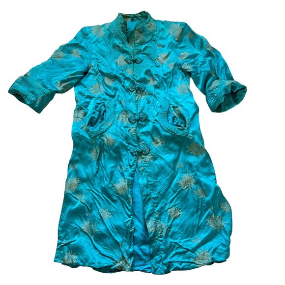 Other - Traditional Chinese smoking jacket blue silky chrysanthemum floral design Small
